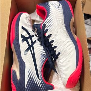 ASICS White and Blue Sneakers with Pink Highlights
